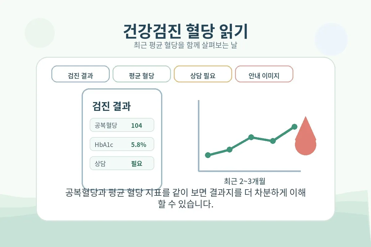 건강검진 결과지와 혈당 그래프로 당화혈색소 수치를 설명하는 안내 이미지