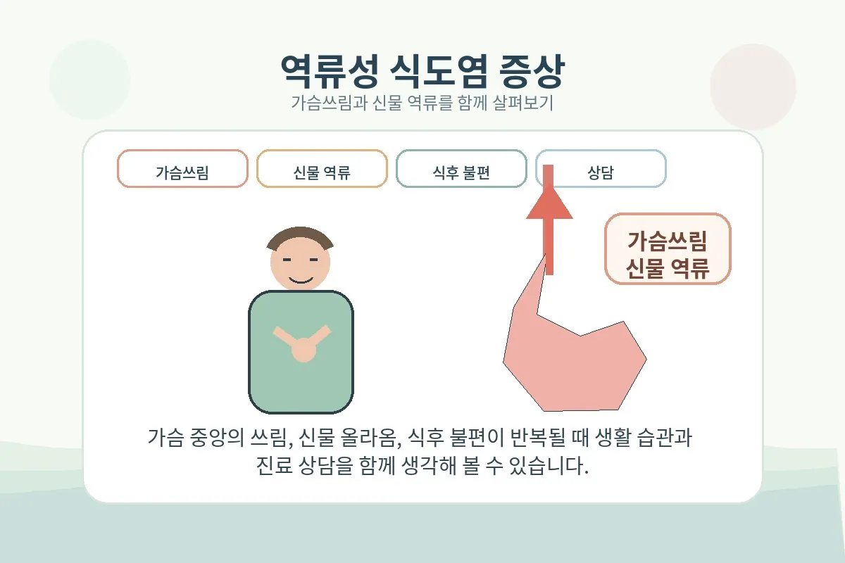 위식도 역류로 가슴쓰림과 신물 역류를 느끼는 사람 안내 일러스트