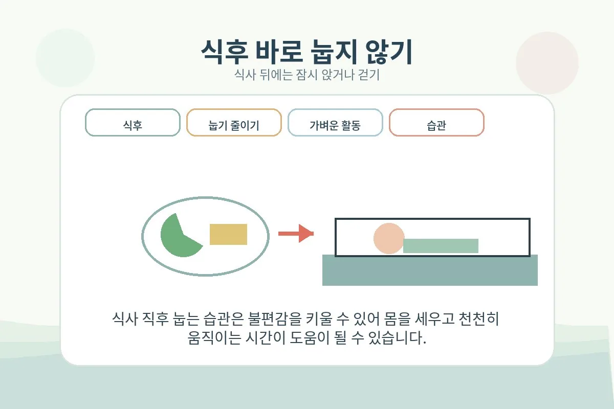 식후 바로 눕지 않고 앉거나 가볍게 움직이는 생활 습관 안내 이미지