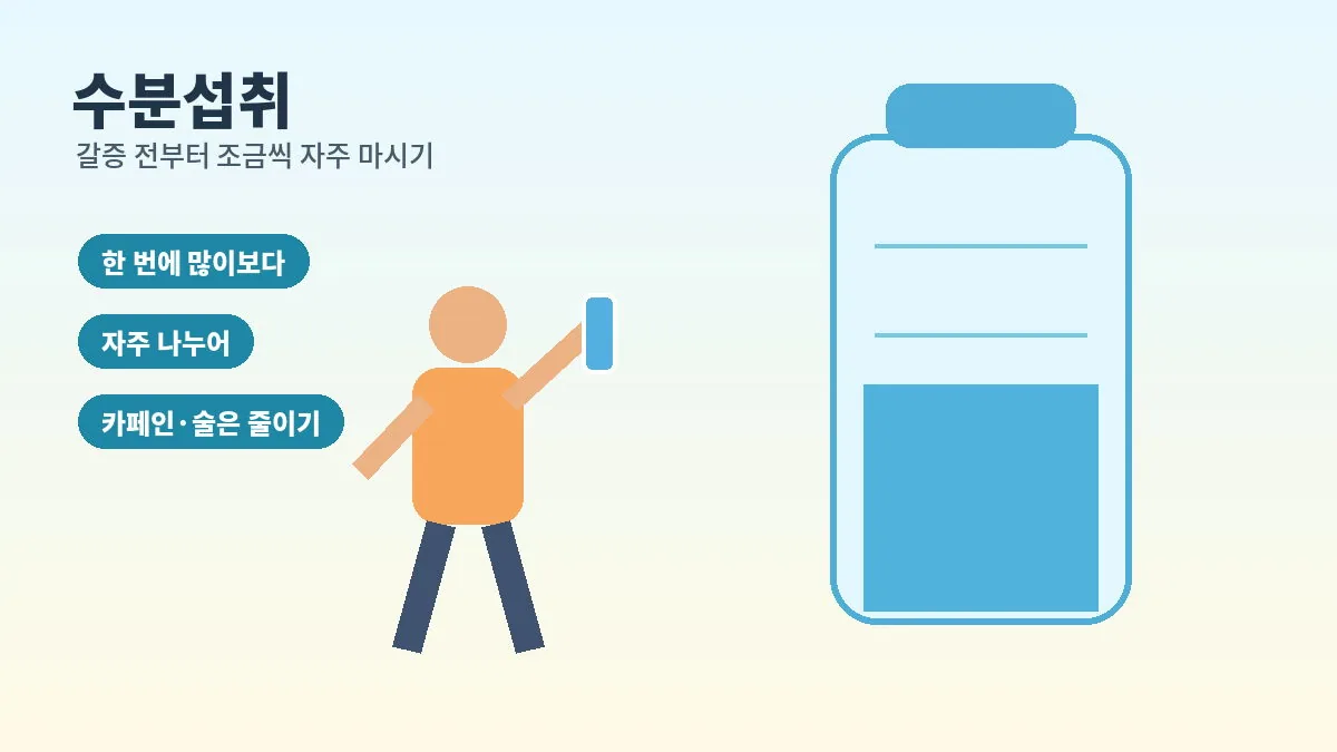 폭염 중 물을 조금씩 자주 마시는 모습을 안내하는 이미지