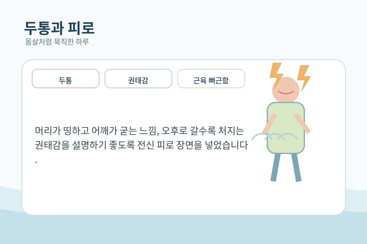 냉방이 강한 실내에서 두통과 피로를 느끼는 상황 이미지