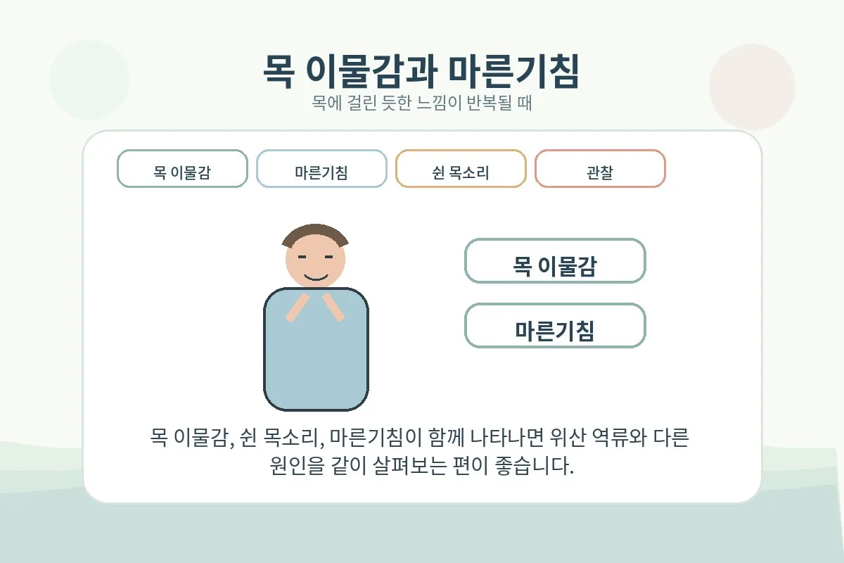 목 이물감과 마른기침이 반복될 때 살펴볼 점을 보여주는 일러스트
