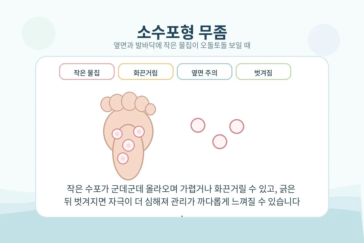 발 가장자리와 발바닥에 작은 물집이 보이는 소수포형 예시