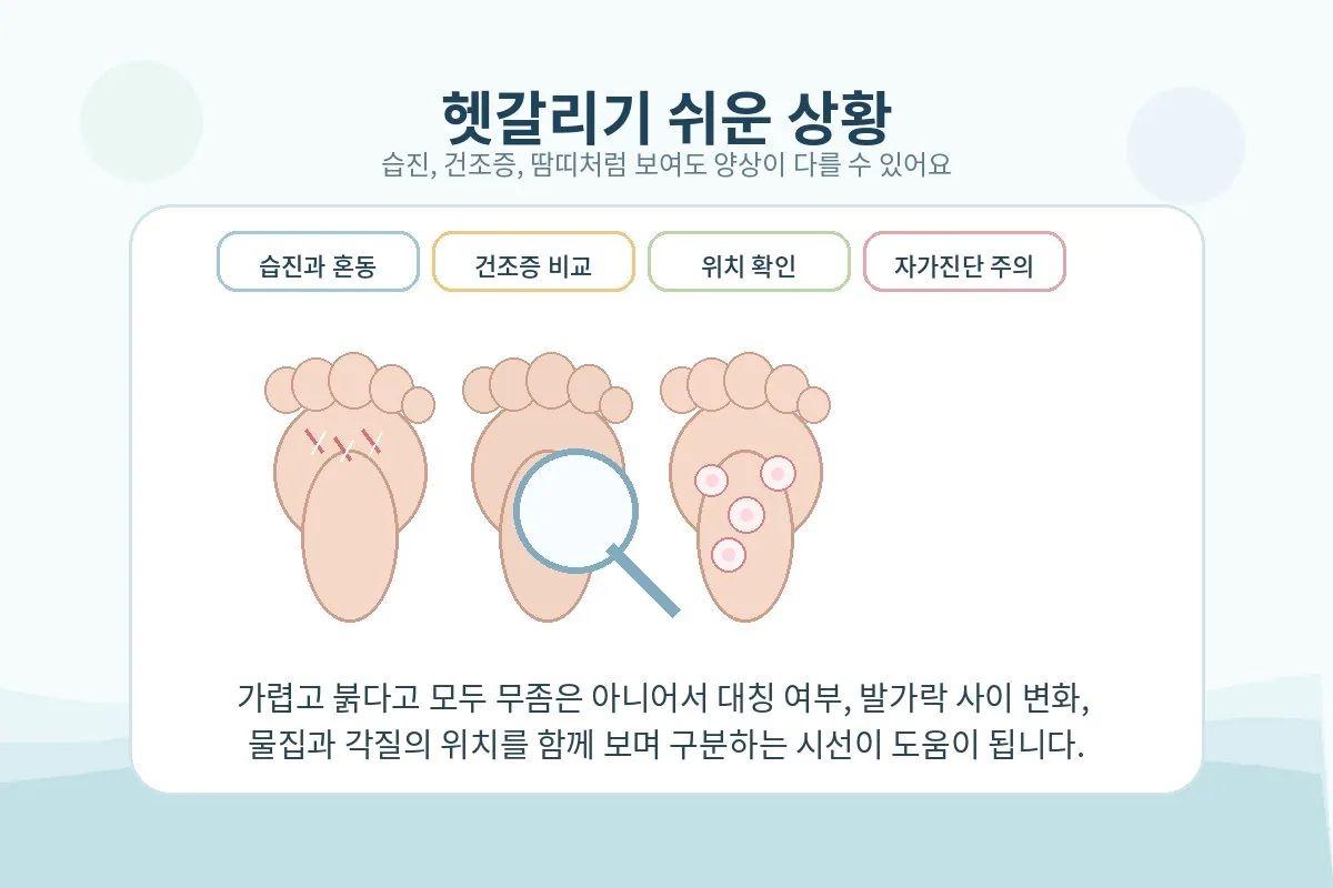 습진이나 피부염과 구분이 필요한 발 피부 변화 예시