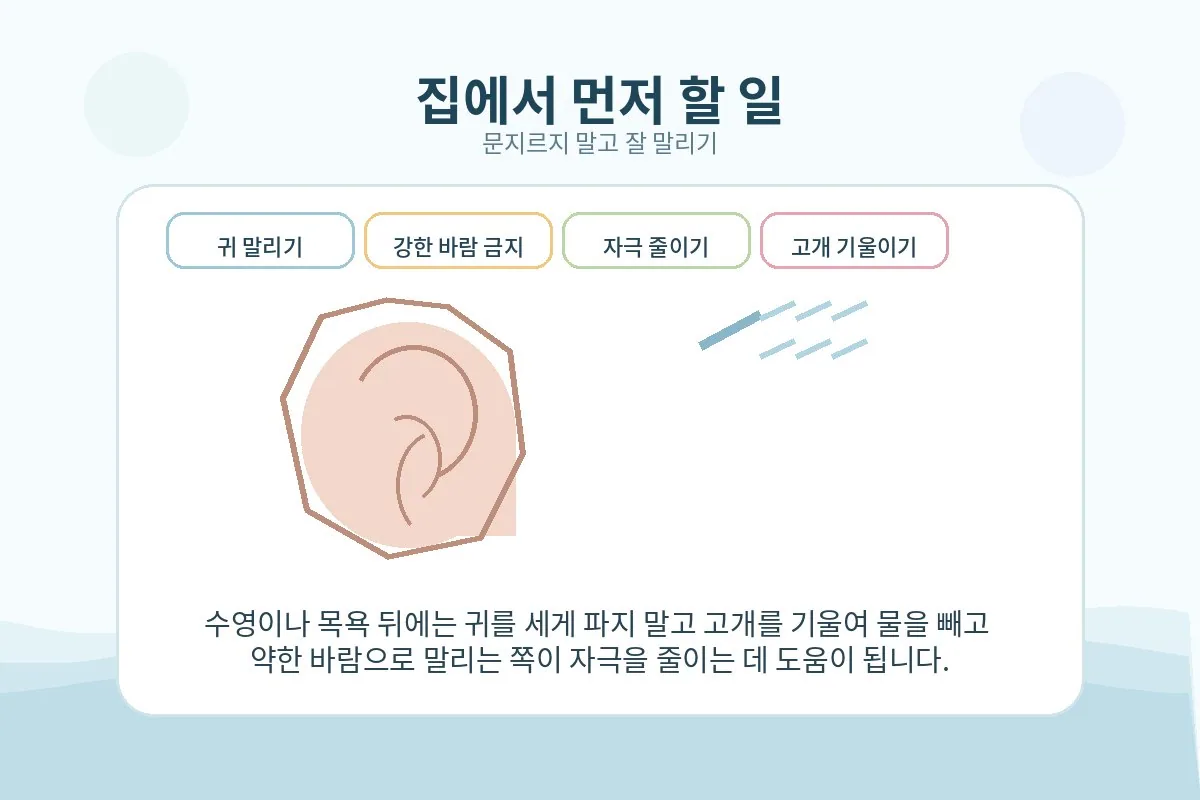 수영이나 샤워 뒤 귀를 세게 문지르지 않고 잘 말리는 방법을 설명하는 이미지