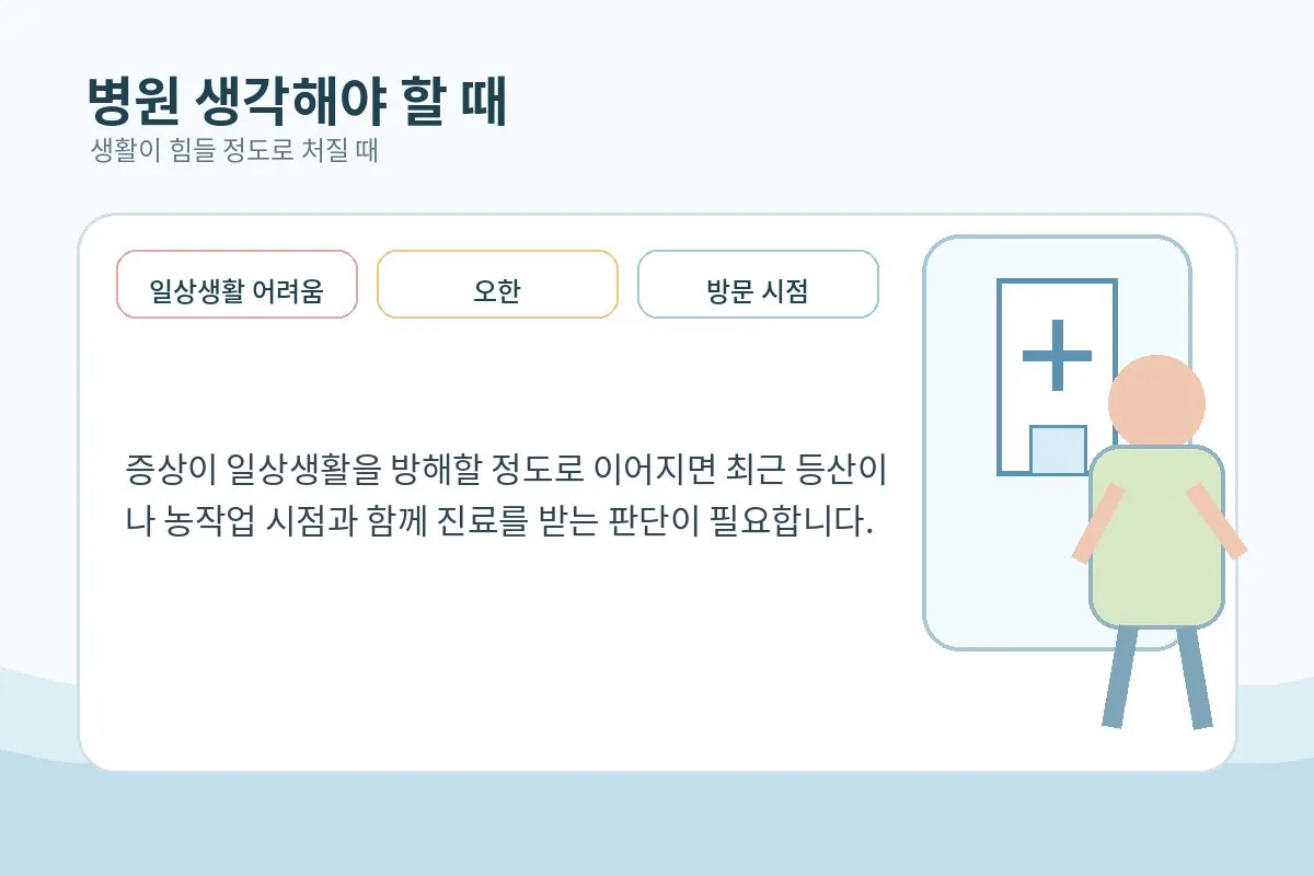 증상이 이어질 때 병원 방문 시점을 고민하는 장면