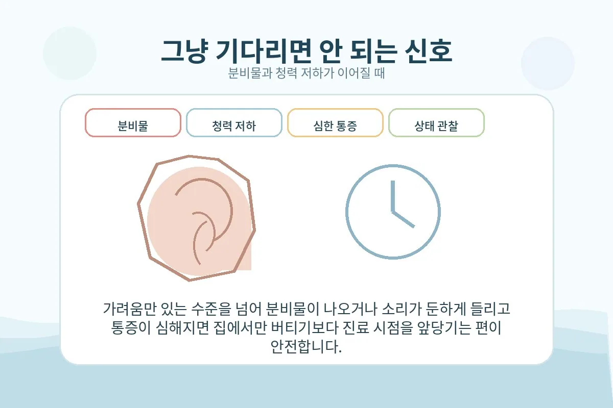 분비물과 먹먹함이 지속될 때 경과를 살펴야 한다는 안내 이미지