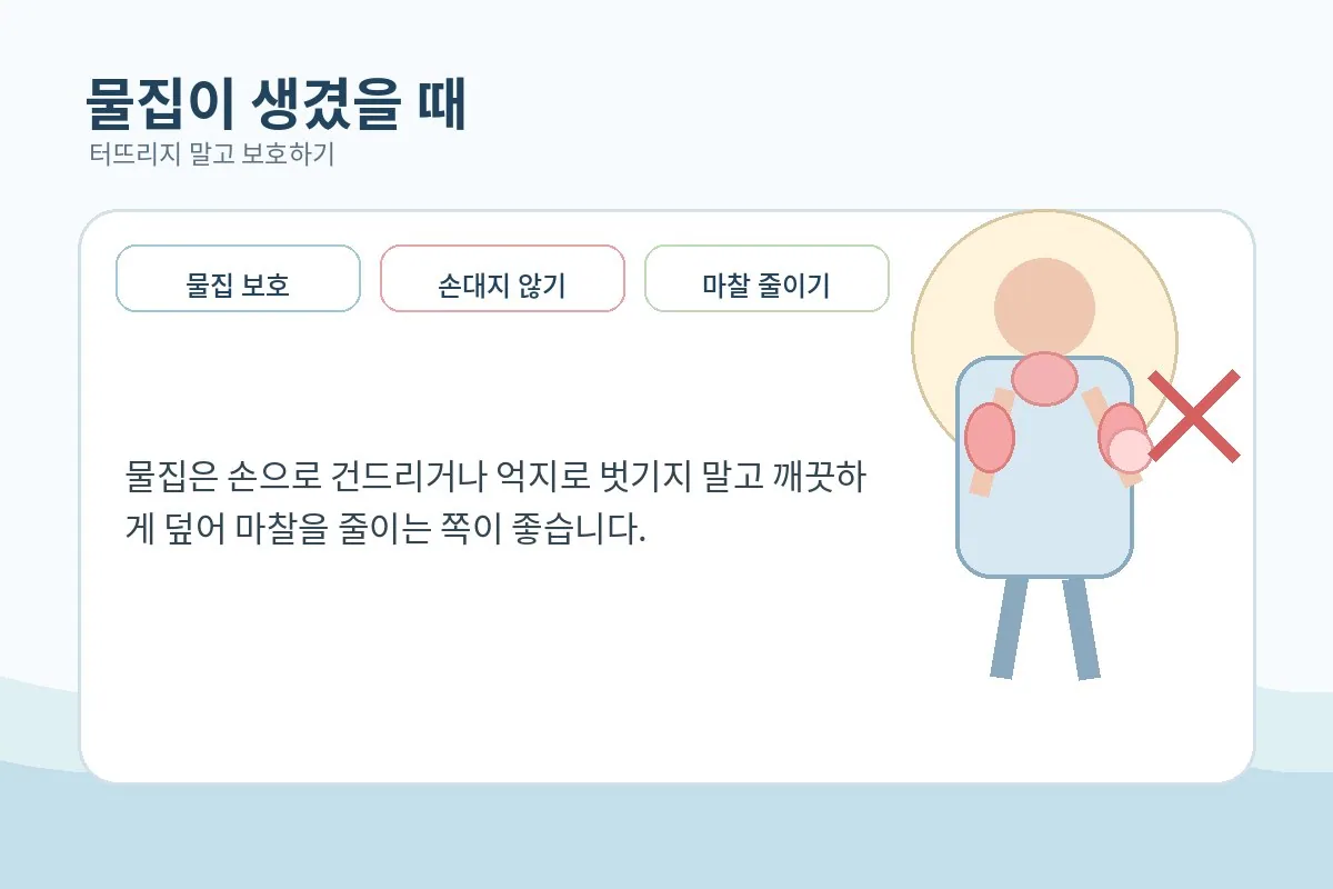 물집이 생긴 피부를 손대지 말고 보호해야 한다는 안내 이미지