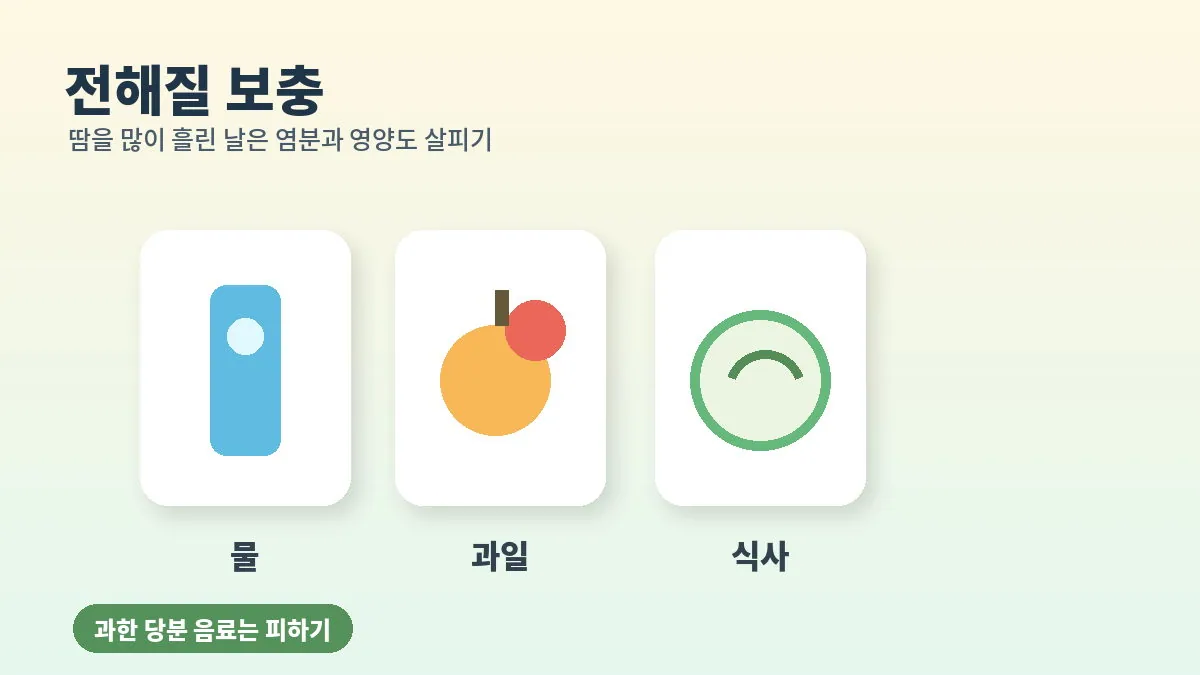 땀을 많이 흘린 뒤 전해질 보충을 안내하는 이미지