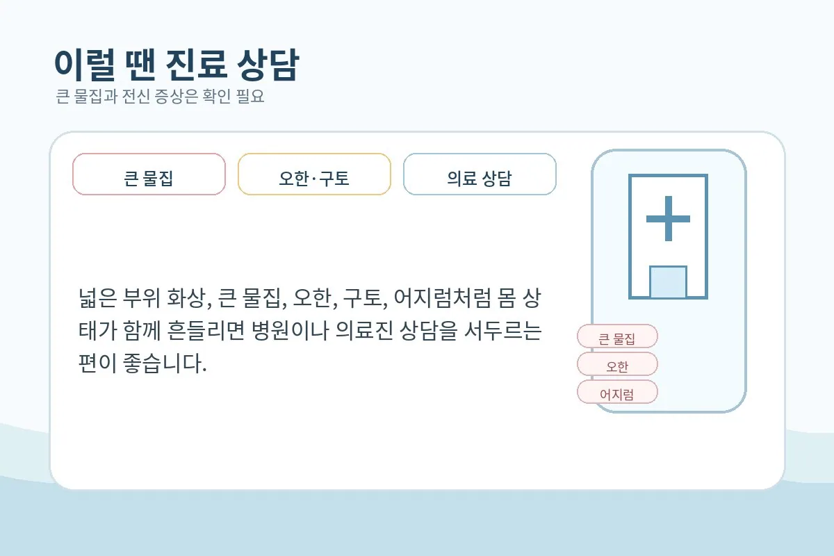 큰 물집이나 어지럼이 있을 때 병원 상담을 권하는 이미지
