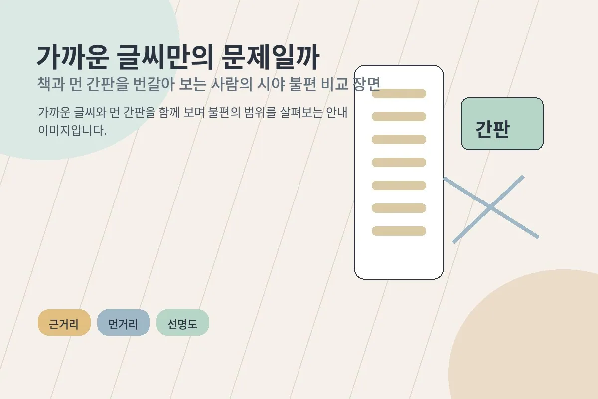 책과 먼 간판을 번갈아 보는 사람의 시야 불편 비교 장면