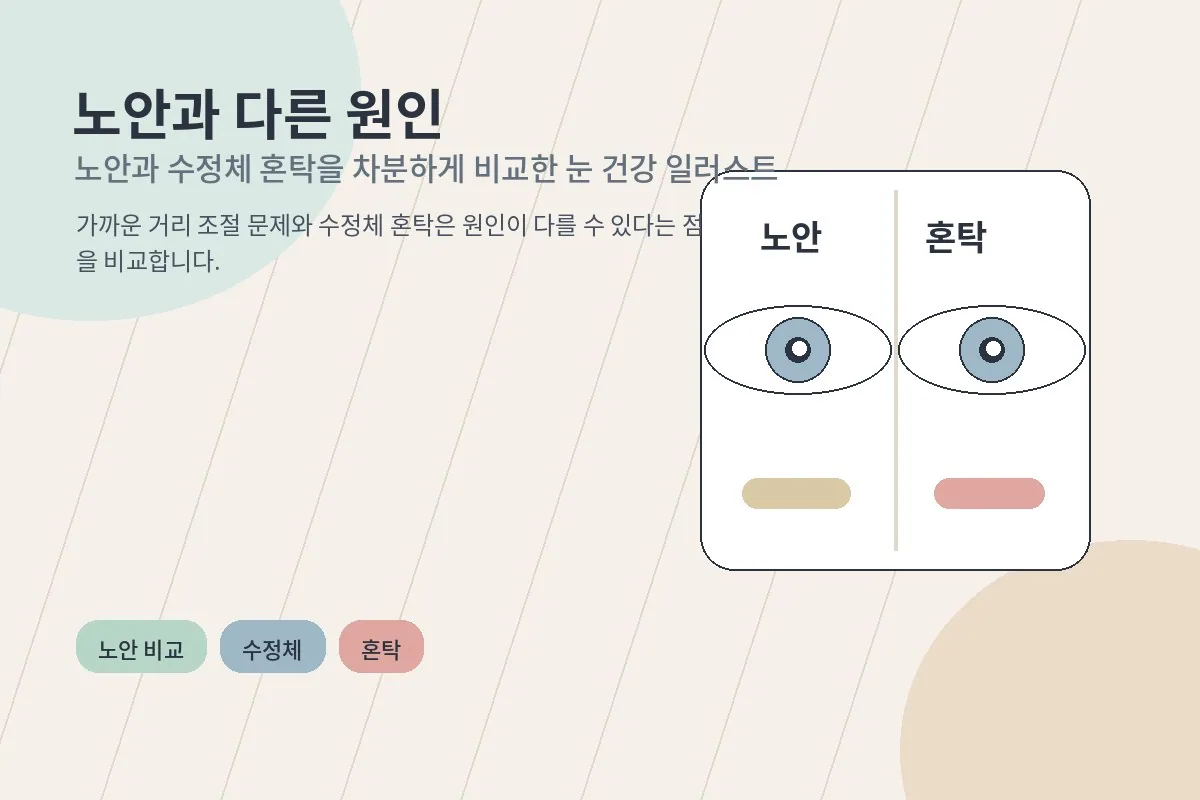 노안과 수정체 혼탁을 차분하게 비교한 눈 건강 일러스트
