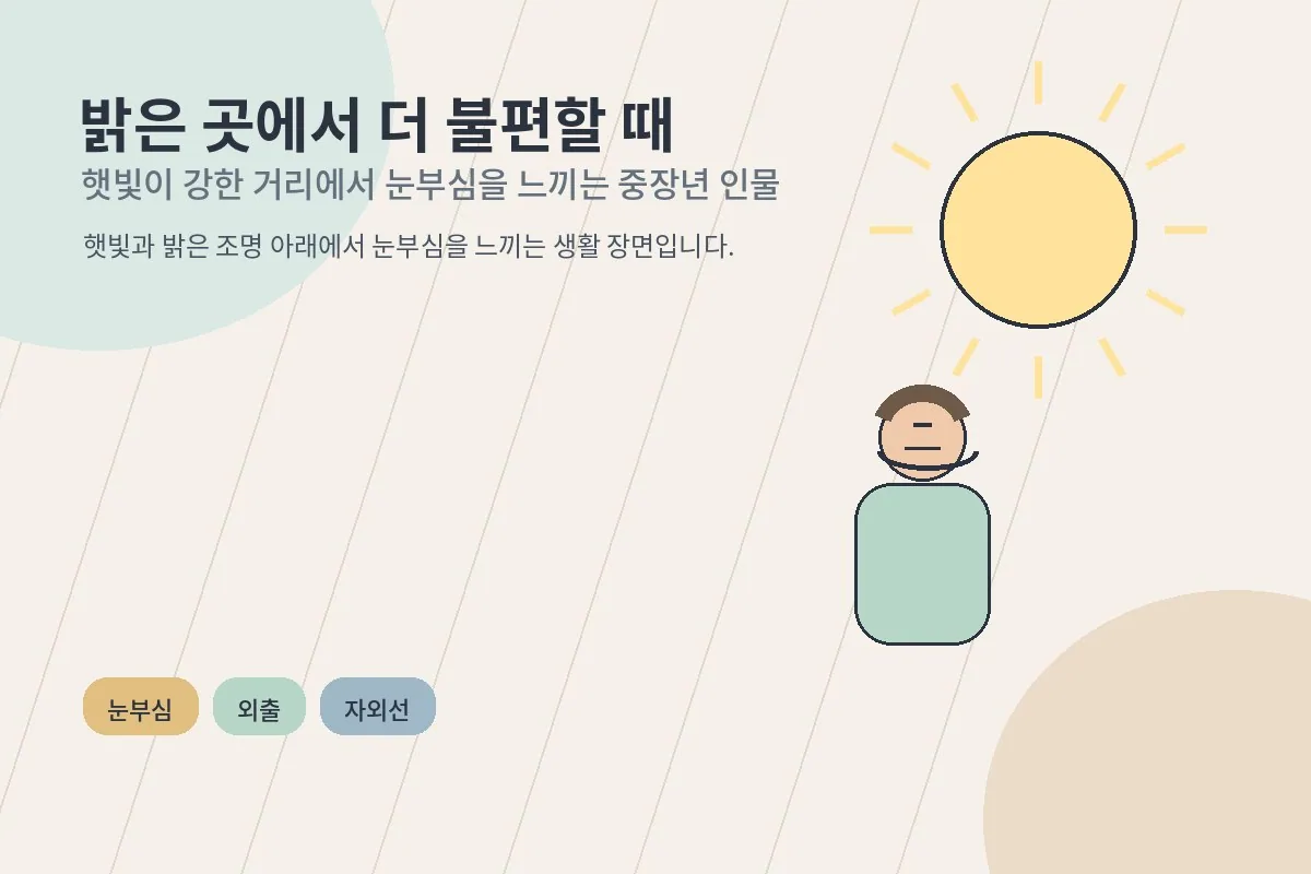 햇빛이 강한 거리에서 눈부심을 느끼는 중장년 인물