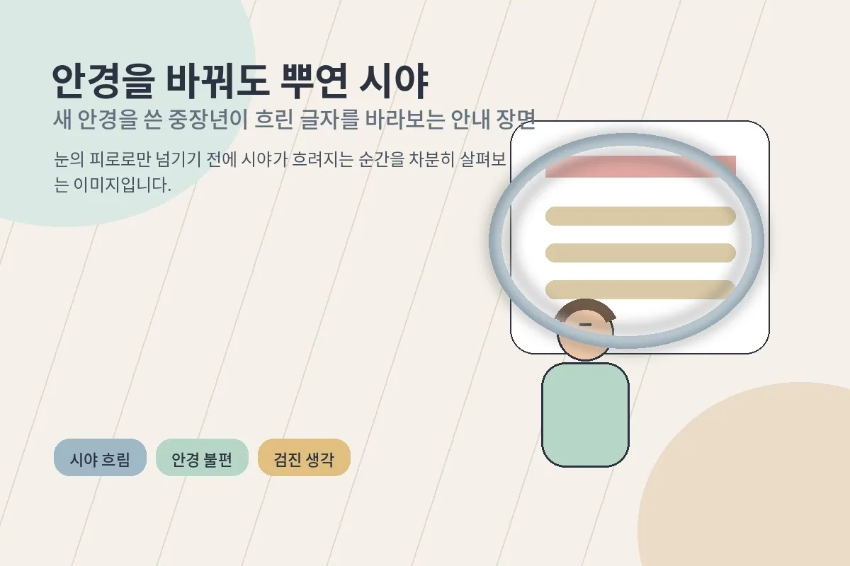 새 안경을 쓴 중장년이 흐린 글자를 바라보는 안내 장면