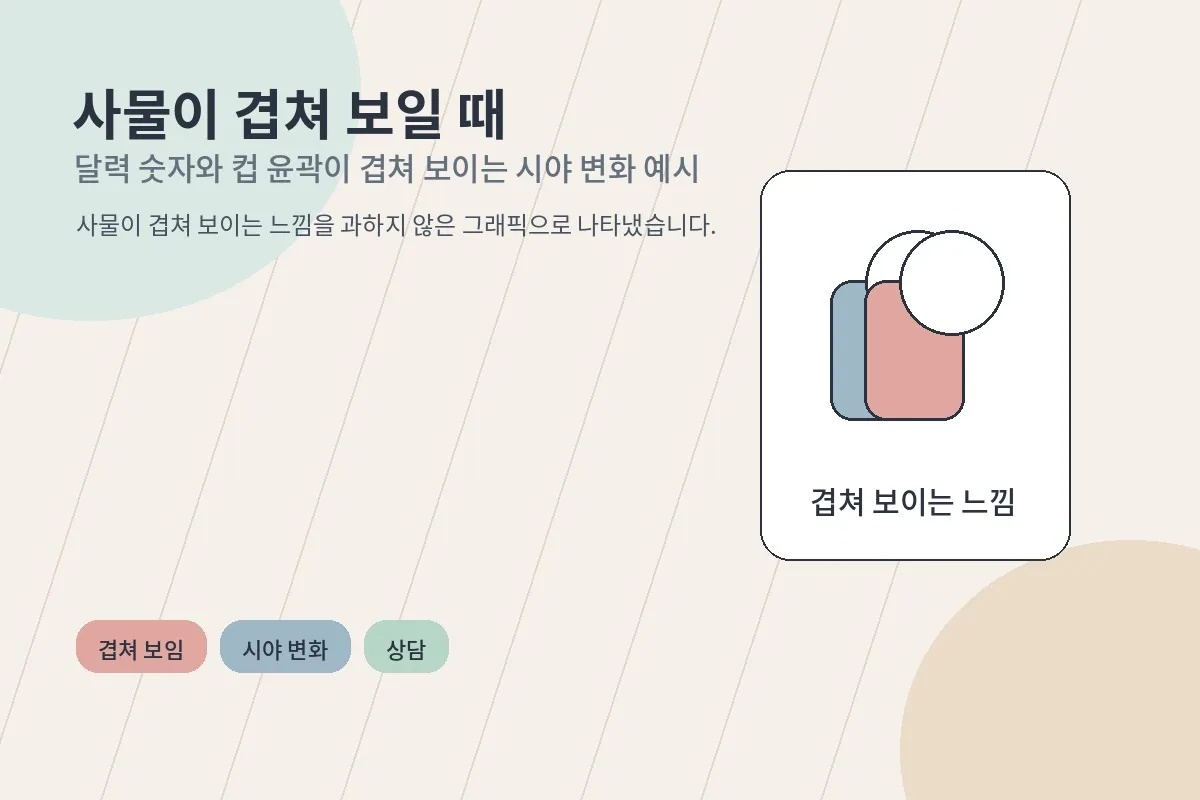 달력 숫자와 컵 윤곽이 겹쳐 보이는 시야 변화 예시