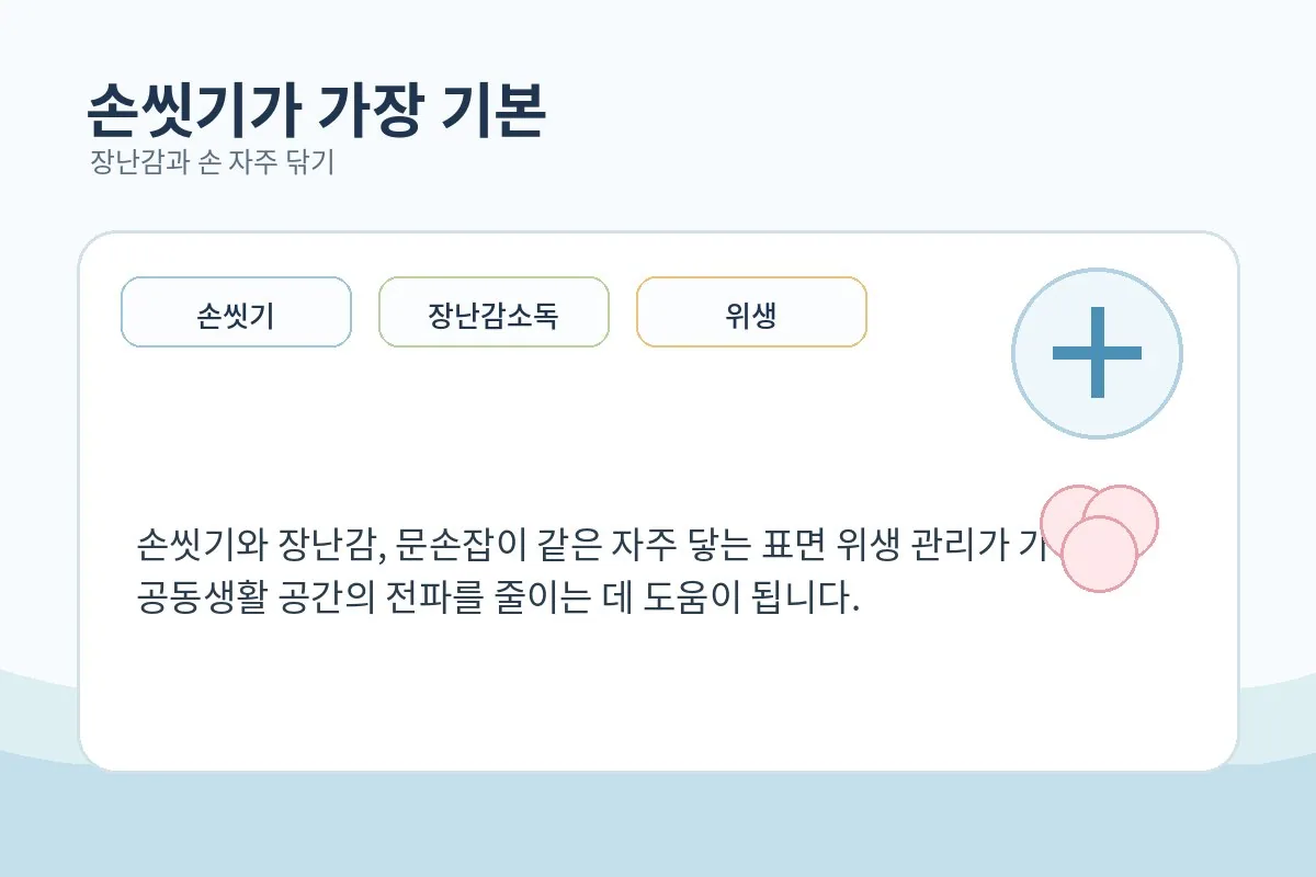 아이와 보호자가 비누로 손을 씻고 장난감을 닦는 위생 관리 장면