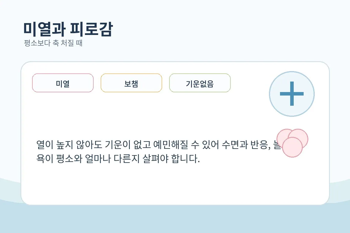 가벼운 열과 피로로 축 처진 아이를 보호자가 살피는 차분한 실내 장면