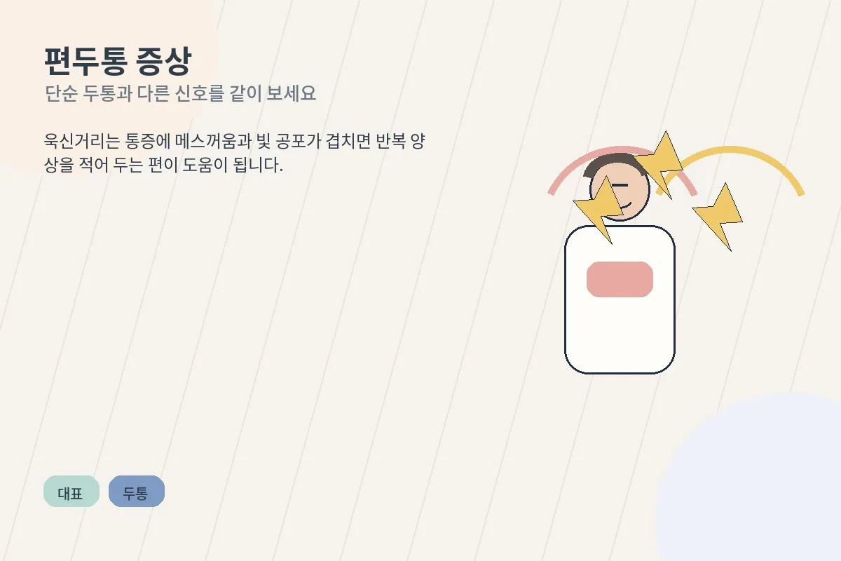 머리를 감싸 쥔 채 빛과 소리에 예민해진 사람을 설명하는 편두통 안내 이미지