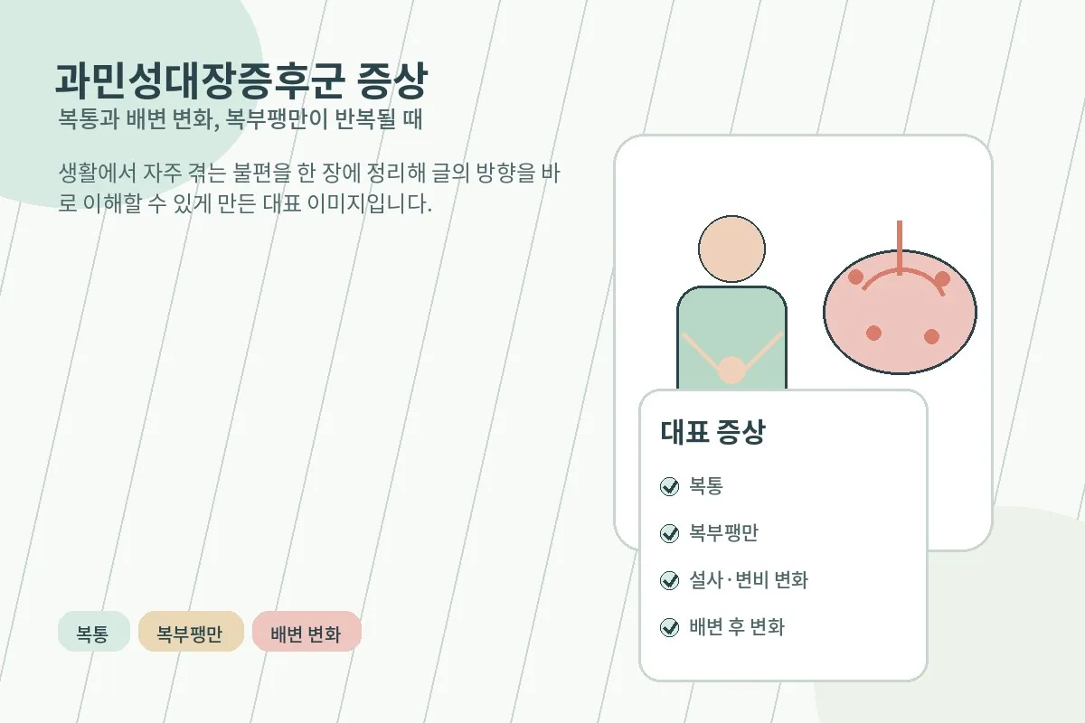 복통과 배변 변화, 복부팽만을 함께 떠올리게 하는 과민성대장증후군 대표 이미지