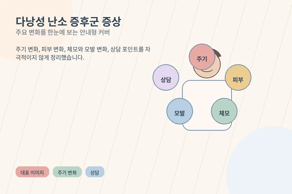 다낭성 난소 증후군의 주요 증상을 정리한 안내형 대표 일러스트