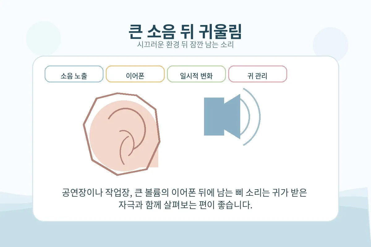 큰 소음 노출 뒤 일시적으로 귀에서 삐 소리가 느껴지는 상황