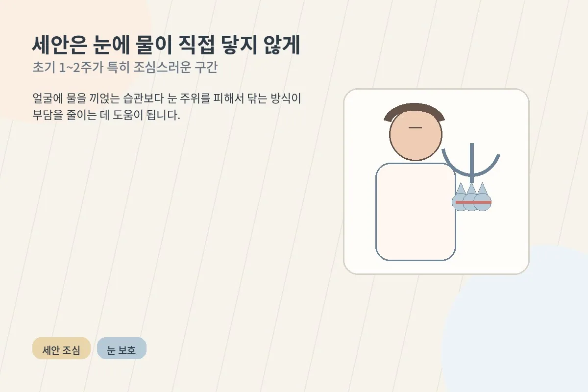 수술한 눈에 물이 직접 닿지 않게 조심해서 세안하는 장면