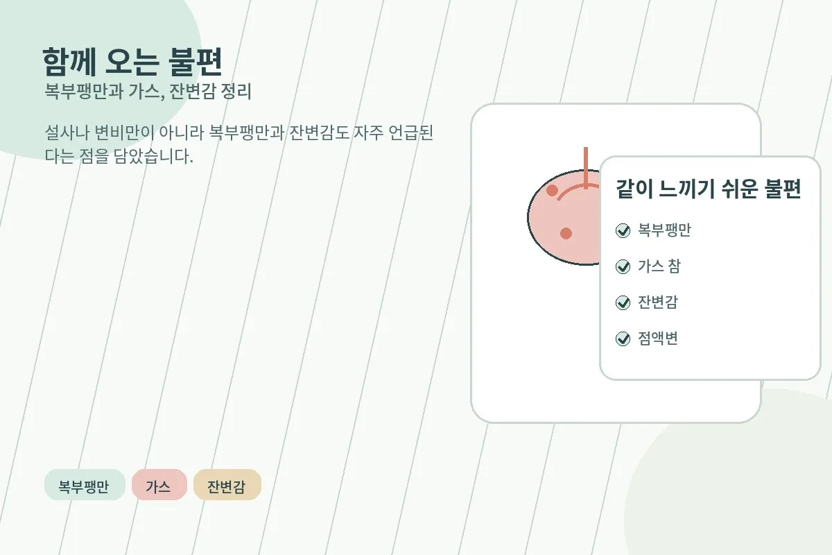 복부팽만과 가스, 잔변감이 반복되는 모습을 정리한 이미지