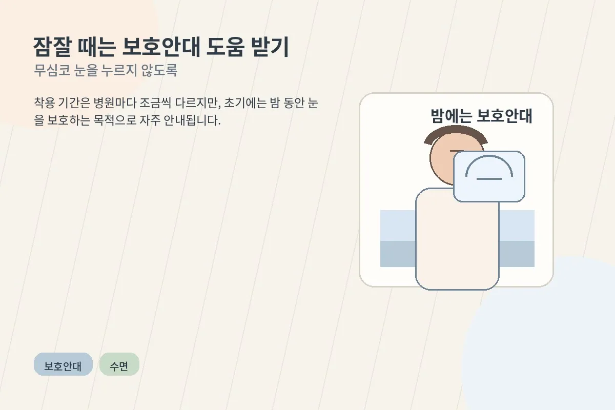 잠들기 전 눈 보호 안대를 착용하는 회복기 장면