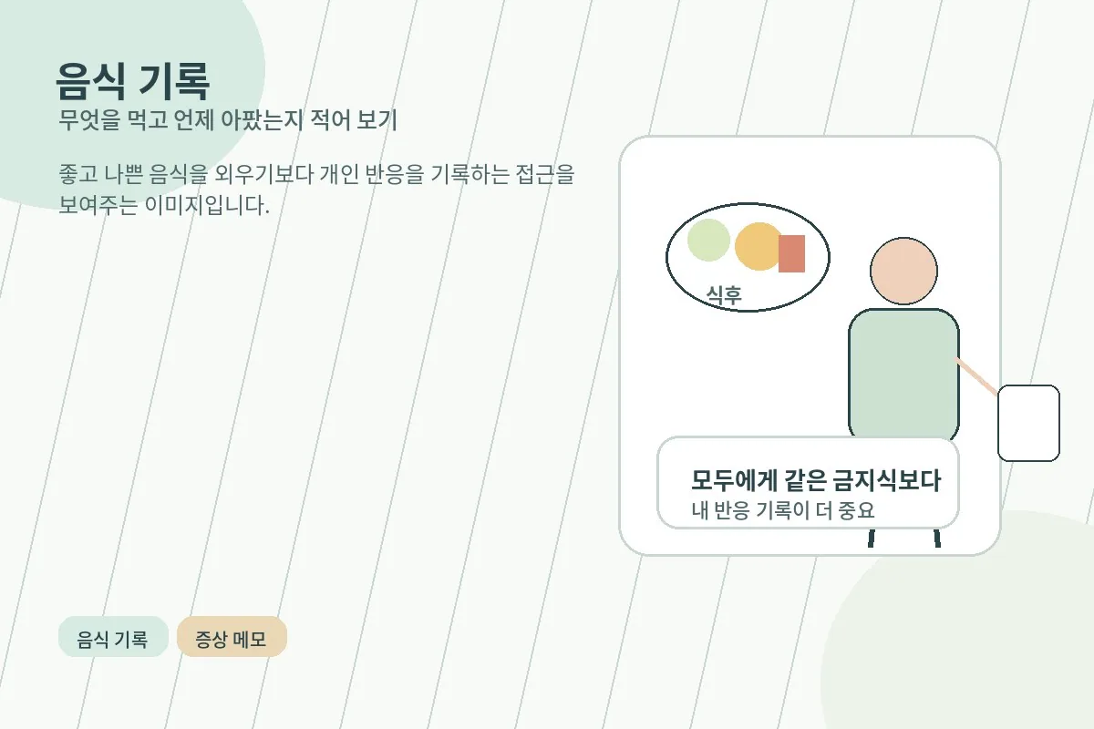 음식과 증상 패턴을 기록하는 메모 습관을 보여주는 이미지