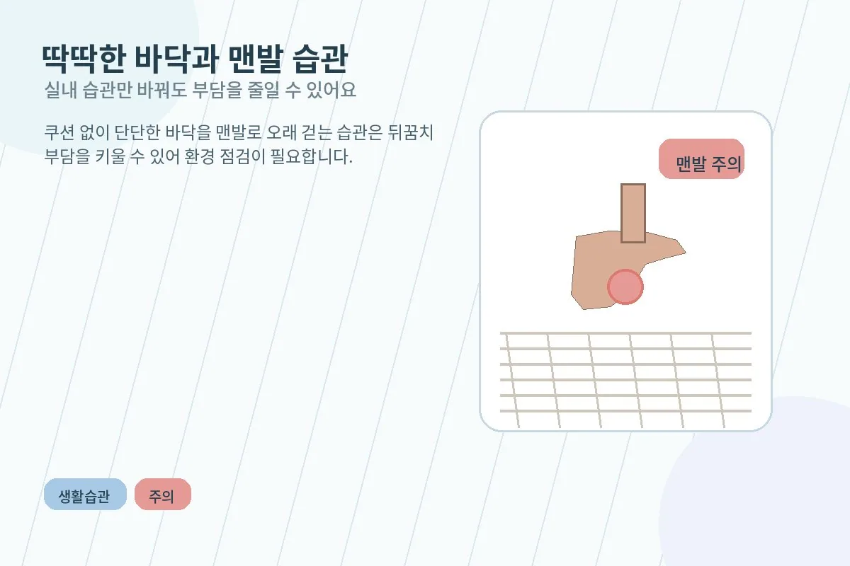 딱딱한 바닥과 맨발 습관이 발뒤꿈치 통증을 악화시키는 모습
