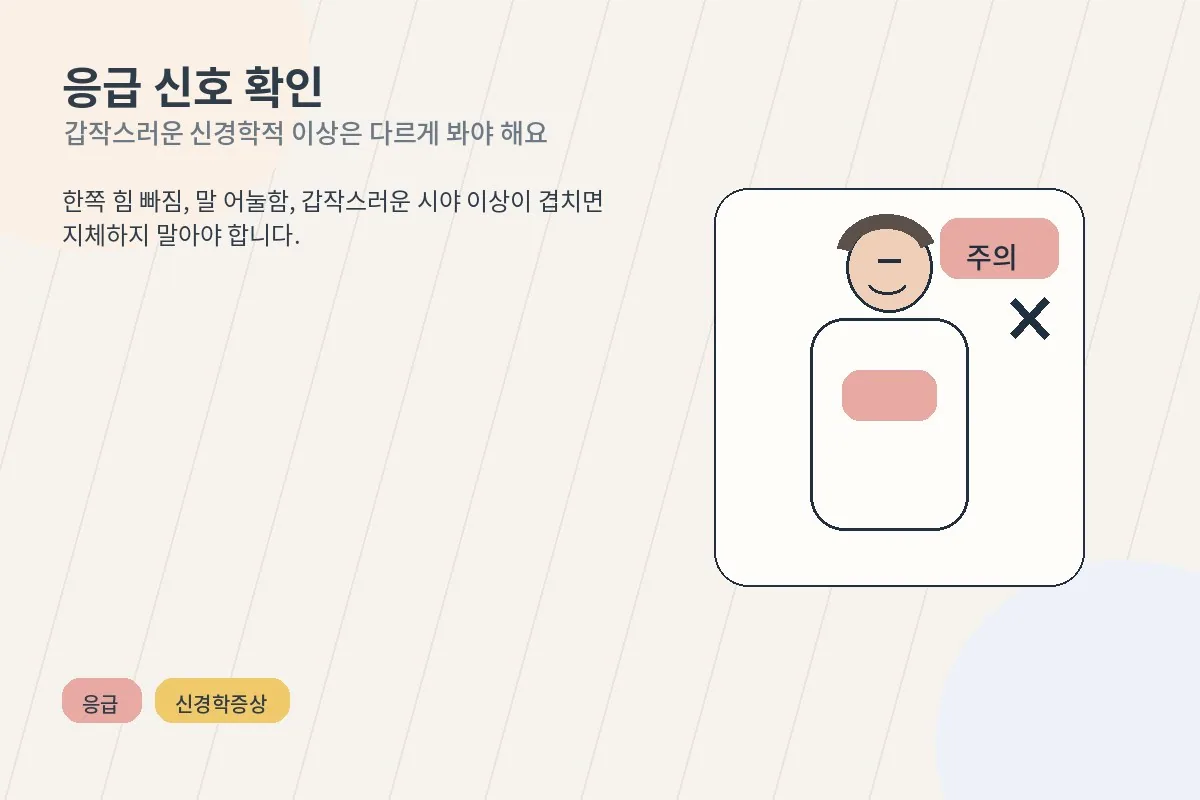 한쪽 힘 빠짐과 말 어눌함 같은 응급 신호를 설명하는 이미지