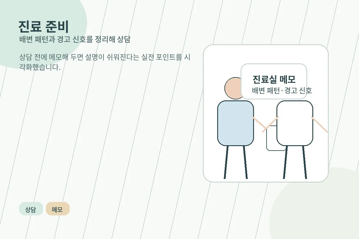 배변 패턴과 경고 신호를 메모해 진료실에서 상담하는 모습의 이미지