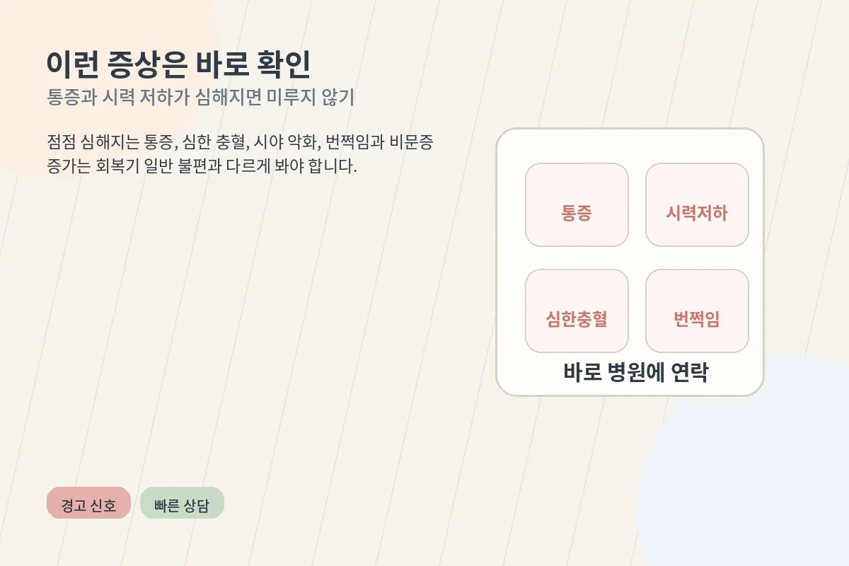 통증과 시력 저하, 심한 충혈 같은 경고 신호를 정리한 안내형 이미지