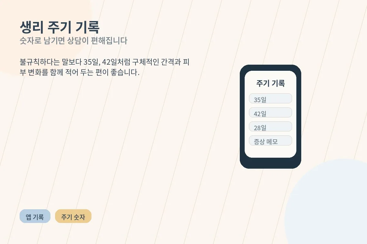 생리 주기와 증상을 메모하는 방법을 보여주는 기록 안내 이미지