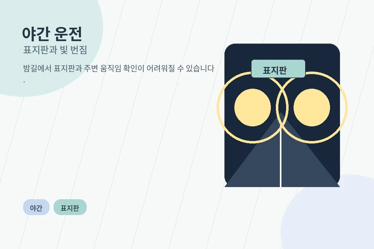 야간 운전 중 표지판을 확인하는 장면