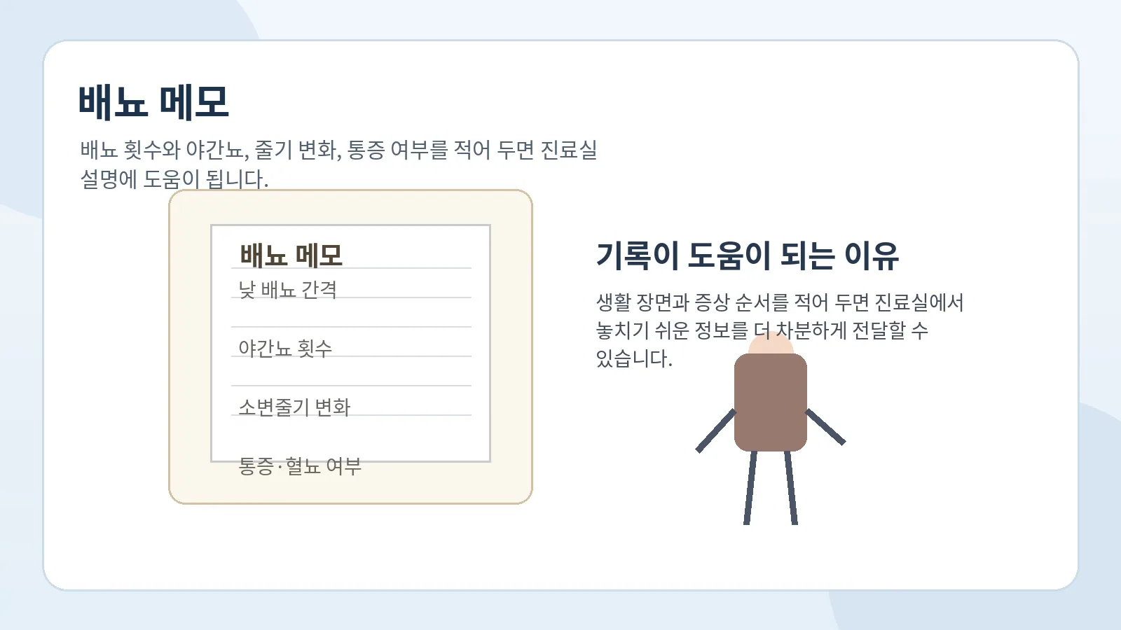 배뇨 횟수와 야간뇨 소변줄기 변화를 기록하는 메모 장면