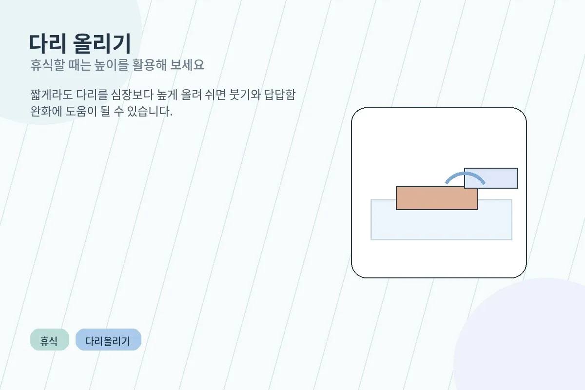 쿠션 위에 다리를 올리고 쉬는 자세로 증상 완화를 설명하는 이미지