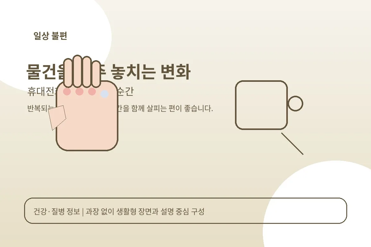 손 힘이 약해져 휴대전화를 놓칠 듯한 순간을 보여 주는 장면