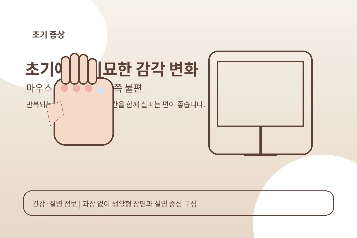 컴퓨터 사용 중 손목 앞쪽 불편을 느끼는 초기 장면