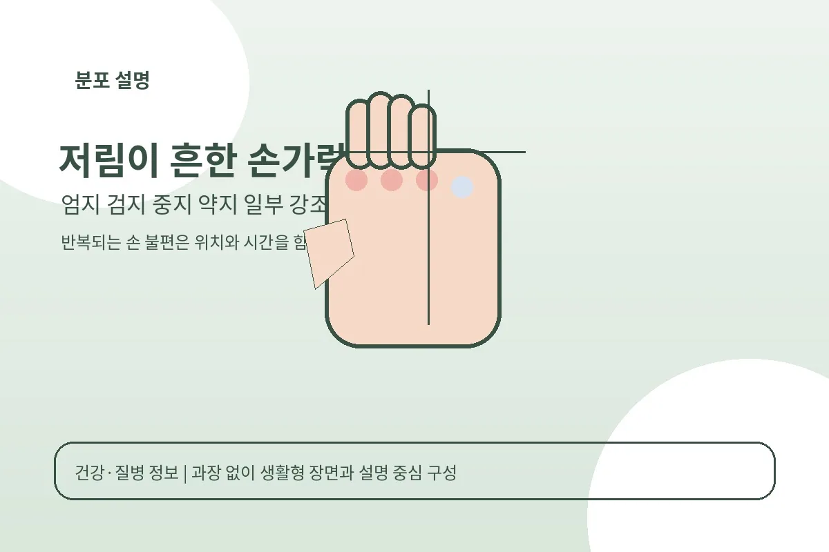 엄지와 검지 중지 약지 일부에 감각 변화가 잘 나타나는 부위를 설명한 손바닥 그림