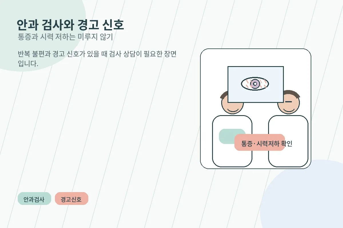 안과 검사와 진료가 필요한 눈 경고 신호를 함께 설명하는 이미지