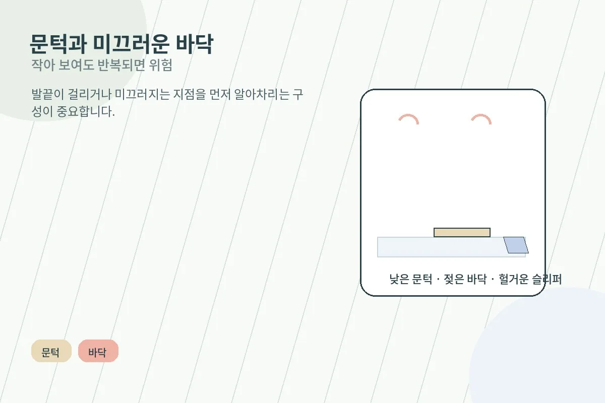 문턱과 미끄러운 바닥을 살피며 집 안 위험 요소를 확인하는 장면