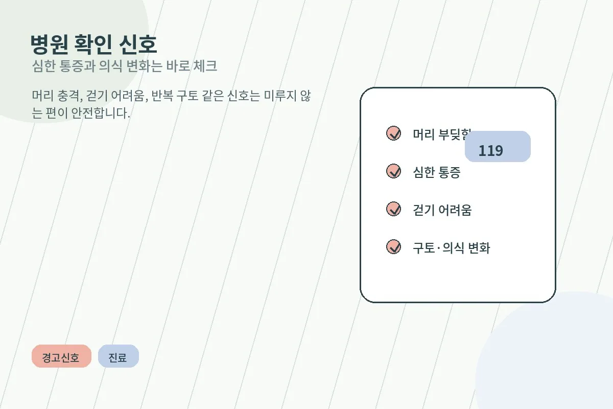 낙상 후 병원 진료가 필요한 신호를 정리한 안내 이미지
