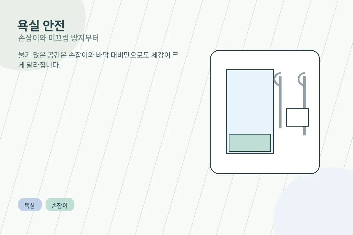 욕실 손잡이와 미끄럼 방지 매트가 설치된 안전한 욕실 모습