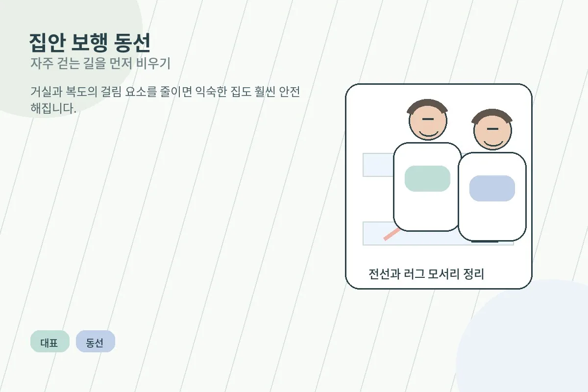 거실과 복도의 보행 동선에서 전선과 작은 러그를 정리하는 모습