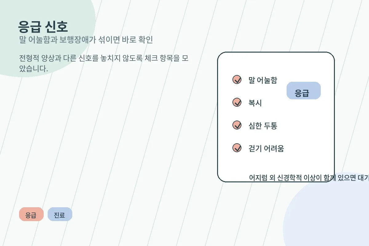 말 어눌함과 보행장애, 심한 두통 같은 응급 신호를 확인하는 안내 이미지