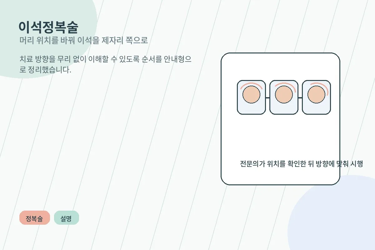 머리 위치를 바꿔 이석을 제자리로 돌려 보내는 이석정복술 안내 이미지
