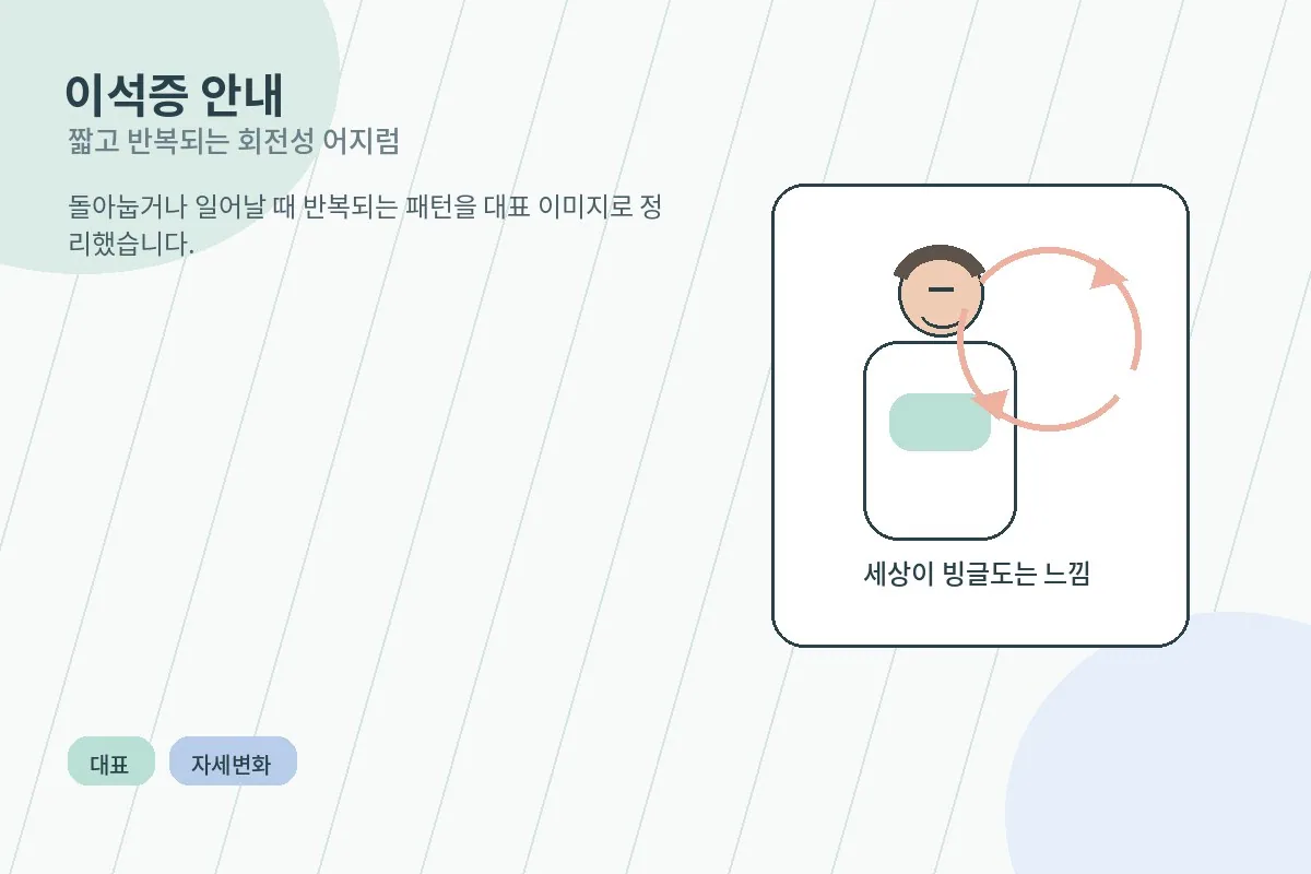 돌아눕거나 일어날 때 짧게 빙글도는 어지럼과 자세 변화를 설명하는 이석증 안내 이미지