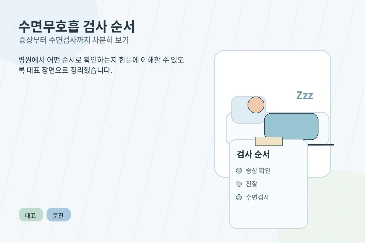 수면무호흡 의심 증상 뒤 병원 검사 순서를 설명하는 안내형 대표 이미지