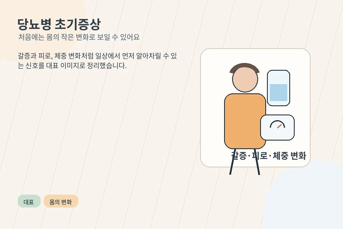 갈증과 피로, 체중 변화와 혈당 확인을 함께 떠올리게 하는 안내형 대표 이미지